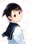  black_hair cherry_blossoms fuura_kafuka hair_ornament hairclip looking_back petals red_eyes sayonara_zetsubou_sensei school_uniform serafuku short_hair smile solo upper_body yasu 