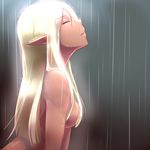  blonde_hair closed_eyes dark_skin dev elf from_side hair_over_breasts highres long_hair nude open_mouth original pointy_ears profile rain solo wet 
