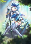  absurdres armor bangs black_legwear blue_eyes blurry braid darkmuleth depth_of_field earrings french_braid gauntlets greaves hands_on_hilt headgear highres jewelry lips log_horizon long_hair looking_at_viewer miniskirt parted_bangs parted_lips polearm reinesia_el_arte_cowen silver_hair sitting skirt solo sunlight sword thighhighs valkyrie very_long_hair weapon 