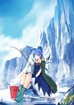  bad_id bad_pixiv_id blue_dress blue_eyes blue_hair blue_sky boots bow bucket cirno coat day dress fishing_rod hair_bow highres ice ice_block ice_fishing ice_wings looking_at_viewer open_clothes open_coat rubber_boots sitting sky solo tetsurou_(fe+) touhou wings 