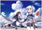  air_china aircraft airplane apron bad_id bad_pixiv_id bike_shorts black_eyes black_hair blue_eyes bracelet choker cloud day detached_sleeves dress frown glasses hair_ornament jewelry maid maid_headdress multiple_girls original pantyhose runway short_hair side_ponytail sky smile waist_apron white_hair yezhi_na 