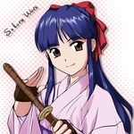  aegis_(nerocc) black_hair bow brown_eyes fingerless_gloves gloves hair_over_one_eye japanese_clothes kimono red_bow sakura_taisen scabbard sheath sheathed shinguuji_sakura smile solo sword weapon 