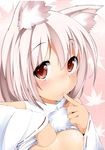  animal_ears blush breasts brown_eyes finger_to_mouth inubashiri_momiji long_sleeves looking_at_viewer nipples shirt_lift silver_hair small_breasts solo tera_zip touhou upper_body wide_sleeves wolf_ears 