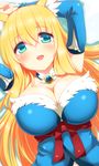  animal_ear_fluff animal_ears bad_id bad_pixiv_id blonde_hair blue_eyes blush breasts choker detached_sleeves fox_ears futaba_aoi large_breasts long_hair looking_at_viewer naomi_(sekai_no_hate_no_kissaten) open_mouth original smile solo 