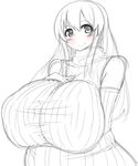  1girl bare_shoulders blush breasts fat gigantic_breasts happy highres long_hair monochrome smile solo sweater tensai427 