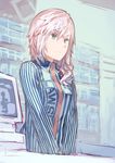  cashier employee_uniform final_fantasy final_fantasy_xiii green_eyes lawson lightning_farron long_hair pink_hair solo standing uniform v_arms yasu 