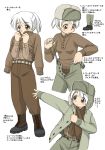  1girl black_footwear boots brown_eyes dressing ebifly eyebrows_visible_through_hair green_jacket green_pants hat how_to jacket military military_uniform multiple_views numbered original pants ponytail short_hair simple_background standing suspenders sweater translation_request uniform white_background white_hair 