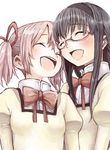  :d akemi_homura black_hair bow closed_eyes gaihan_umeboshi_mitchell glasses hair_ribbon hairband happy head_to_head juliet_sleeves kaname_madoka long_hair long_sleeves mahou_shoujo_madoka_magica multiple_girls open_mouth pink_hair puffy_sleeves red-framed_eyewear red_bow ribbon school_uniform semi-rimless_eyewear sidelocks simple_background smile twintails under-rim_eyewear white_background 