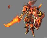  armor dungeon_and_fighter fire flames guardian_cinder helmet highres knight no_humans shield smoke spikes sword weapon weapons 