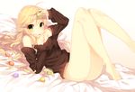  7zu7 :p bare_legs bare_shoulders barefoot blonde_hair bottomless food green_eyes hoshii_miki idolmaster idolmaster_(classic) legs legs_up long_hair looking_at_viewer lying macaron no_panties on_back smile solo sweater tongue tongue_out 