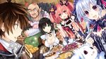  2boys 3girls :d alyn_(fairy_fencer_f) anger_vein animal apron arm_support bahas bald beard black_hair blue_hair blueberry blush breasts brown_gloves brown_hair chain chain_necklace chair cleavage collar collarbone cross cui cup detached_collar dutch_angle earrings eating facial_hair fairy_fencer_f fang_(fairy_fencer_f) food food_awe food_on_face fork frilled_apron frilled_sleeves frills front-tie_top fruit fur_trim game_cg gloves green_eyes hair_ornament hand_on_own_cheek harler holding jewelry large_breasts long_hair looking_at_another looking_at_viewer melon multiple_boys multiple_girls mustache official_art open_mouth orange orange_hair orange_slice pie pink_eyes plate pointy_ears polka_dot polka_dot_apron profile red_eyes saucer short_hair smile sparkle sparkling_eyes strawberry tart_(food) teacup tiara_(fairy_fencer_f) tsunako twintails wide_sleeves 