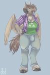  anthro at beak big_breasts breasts chest_tuft chubby claws clothed clothing dbd dickgirl fur genowen green_eyes hippogryph hooves horse_tail horsetail hybrid intersex invalid_background looking looking_at_viewer plaid plain pose smile solo standing tri-force triforce tuft viewer wings 