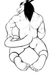  2012 5_toes anthro biceps big_muscles black_hair butt dragon hair hindpaw horn looking_at_viewer looking_back male muscles nude paws plain_background solo taoren toes 