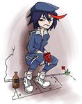  blue_eyes bottle casual commentary flower gopnik hat jacket kill_la_kill matoi_ryuuko multicolored_hair pants setz shoes skull slav_squatting sneakers solo streaked_hair symbol-shaped_pupils track_jacket track_pants track_suit two-tone_hair 