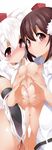  animal_ears belt blush bottomless breast_press breasts brown_hair detached_sleeves hat heart heart_hands heart_hands_duo inubashiri_momiji large_breasts multiple_girls nipples no_bra open_clothes pom_pom_(clothes) red_eyes shameimaru_aya short_hair smile symmetrical_docking tera_zip tokin_hat touhou white_hair wide_sleeves wolf_ears 