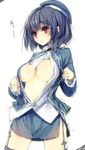  :o black_hair black_legwear blush breasts cleavage garter_straps hat kantai_collection large_breasts navel open_clothes open_shirt red_eyes shiny shiny_skin shirt short_hair solo takao_(kantai_collection) thighhighs ukyo_rst 