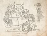  1boy 6+girls comic dress finnish gremlins hijiri_byakuren houjuu_nue kotatsu kumoi_ichirin monochrome multiple_girls murasa_minamitsu nazrin setz sketch table television thighhighs toramaru_shou touhou translated unzan 