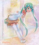  artist_name green_eyes green_hair hatsune_miku leaning_forward long_hair looking_at_viewer mayo_riyo open_mouth school_uniform shoes skirt sneakers solo thighhighs traditional_media twintails very_long_hair vocaloid white_legwear 