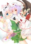  bat_wings blue_eyes blush bow hair_ribbon hand_on_own_cheek hat hat_bow heart heart_of_string kazato_fuuchi konpaku_youmu lavender_hair multiple_girls red_eyes remilia_scarlet ribbon silver_hair touhou wings yuri 