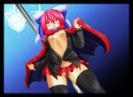  absurdres black_legwear bow cape from_below hair_bow highres kurobane no_bra no_panties open_clothes pole red_eyes red_hair sekibanki solo stripper stripper_pole thighhighs touhou 