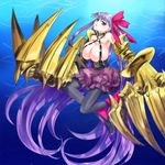  absurdly_long_hair black_legwear breasts claw_(weapon) fate/extra fate/extra_ccc fate_(series) gauntlets hair_ribbon huge_breasts huge_weapon long_hair pantyhose passion_lip purple_eyes purple_hair revealing_clothes ribbon silangwan solo very_long_hair weapon 