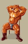  anthro bear biceps big_breasts big_muscles boots breasts brown_fur bulge fur grizzly_bear looking_at_viewer lowemond male mammal muscles nipples pecs plain_background pose shoes smile solo teeth underwear 