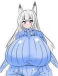  1girl animal_ears breasts female fox_ears gigantic_breasts highres hips long_hair purple_eyes shiny silver_hair simple_background solo sweater tensai427 turtleneck upper_body white_background 