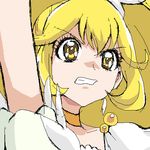  angry arm_up blonde_hair choker clenched_teeth close-up cure_peace dress eyelashes gaihan_umeboshi_mitchell hair_flaps kise_yayoi long_hair lowres magical_girl oekaki precure puffy_sleeves short_sleeves smile_precure! solo teeth white_dress yellow yellow_eyes 