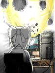  bad_id bad_pixiv_id banned_artist bow chair commentary computer destruction electricity hair_bow hakurei_reimu keyboard_(computer) kirisame_marisa master_spark monitor okahi playing_games sitting solo through_screen touhou 