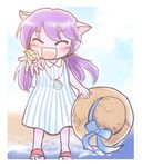  :d alternate_costume alternate_hairstyle animal_ears beach blush colorized dress green_dew hat hat_removed headwear_removed jewelry league_of_legends long_hair lulu_(league_of_legends) necklace open_mouth purple_hair sandals seashell shell smile solo sun_hat twintails water yordle 