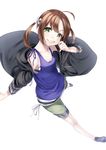  ahoge bad_perspective brown_hair cheek_pull green_eyes kyon_(fuuran) long_hair looking_at_viewer original shorts simple_background smile solo twintails white_background 
