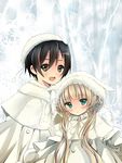  1girl :d :o alternate_hairstyle aqua_eyes bad_id bad_pixiv_id beanie blonde_hair blush brown_eyes brown_hair capelet coat fur_trim gosick harugamitsu hat kujou_kazuya open_mouth parted_lips smile snowflakes victorica_de_blois white winter_clothes winter_coat 