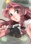  bad_id bad_pixiv_id black_bow black_ribbon blush bow braid breasts close-up gaihan_umeboshi_mitchell grey_eyes hair_bow hair_intakes hands_up hat hong_meiling large_breasts long_hair parted_lips patterned_background red_hair ribbon solo star touhou twin_braids 