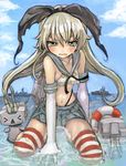  barrel_bent between_legs black_bow blonde_hair bow cloud damaged day elbow_gloves gaihan_umeboshi_mitchell gloves green_eyes hair_bow hand_between_legs highleg highleg_panties in_water kantai_collection kneeling lifebuoy long_hair miniskirt ocean panties rensouhou-chan rigging shimakaze_(kantai_collection) ship sitting skirt sky striped striped_legwear tearing_up thighhighs thighs thong torn_clothes underwear very_long_hair watercraft white_gloves x&lt; 