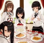  4girls :d ashigara_(kantai_collection) bangs black_hair black_neckwear black_skirt blunt_bangs blurry blush braided_bun breasts brown_eyes brown_hair buttons cake chair closed_mouth collared_shirt commentary_request cookie croissant cup curtains day depth_of_field dress_shirt eyebrows_visible_through_hair fang food haguro_(kantai_collection) hair_between_eyes hair_bun hair_ornament hair_ribbon hairband hairclip half-closed_eyes holding_teapot indoors kantai_collection kinokorec large_breasts long_hair long_sleeves looking_at_another looking_at_viewer looking_back looking_down multicolored_neckwear multiple_girls myoukou_(kantai_collection) nachi_(kantai_collection) necktie open_mouth parted_lips pencil_skirt plate red_ribbon ribbon sandwich shirt short_hair side_ponytail sidelocks sitting skirt smile standing table tea teacup teapot tiered_tray white_hairband white_shirt window 