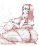  1girl breasts fat food gigantic_breasts highres kneeling legs long_hair monochrome sideboob smile solo sweater tensai427 tongue tongue_out 