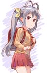  :o antenna_hair backpack bag blush bow brown_eyes hair_bow long_hair miyauchi_renge non_non_biyori orange_shirt randoseru shirt silver_hair skirt solo twintails yasu 