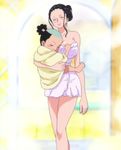  1boy 1girl breasts cleavage highres large_breasts momonosuke_(one_piece) nico_robin one_piece screencap stitched tame towel 
