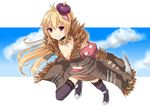  &gt;:) antenna_hair blonde_hair breasts cleavage elbow_gloves fingerless_gloves gloves grin hair_ornament holding knife kurohachiboku long_hair looking_at_viewer navel purple_eyes ragnarok_online running shadow_chaser small_breasts smile solo v-shaped_eyebrows 