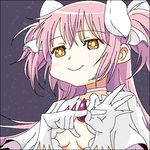  dress gaihan_umeboshi_mitchell gloves hair_ribbon kaname_madoka long_hair lowres mahou_shoujo_madoka_magica penetration_gesture pink_hair ribbon smile solo twintails ultimate_madoka yellow_eyes 