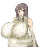  1girl bare_shoulders breasts brown_eyes brown_hair fat gigantic_breasts happy highres long_hair smile solo sweater tensai427 