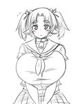  1girl animal_ears bell breasts collar collarbone cow_ears cow_girl female highres horuta_suin huge_breasts monochrome navel necktie school_uniform short_hair short_twintails simple_background sketch skirt solo standing tensai427 twintails white_background 