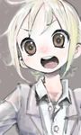  blonde_hair brown_eyes business_suit formal gaihan_umeboshi_mitchell grey_background long_sleeves lowres open_mouth original ponytail short_hair shouting simple_background sketch solo suit 