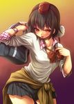  :p alternate_costume bag black_hair blush breasts cleavage hat holding looking_at_viewer medium_breasts plaid pom_pom_(clothes) red_eyes shameimaru_aya short_hair shoulder_bag simple_background skirt solo tokin_hat tongue tongue_out touhou uousa-ou 