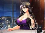  1girl alcohol black_hair breasts cleavage cup dress drink game_cg hair_ornament highres huge_breasts jewelry long_hair looking_at_viewer mochizuki_nozomu necklace night ore_wa_tsuma_killer purple_eyes sitting sky smile star stars table window wine 