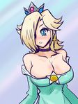  bare_shoulders blonde_hair blue_eyes breasts choker cleavage collarbone crown earrings hair_over_one_eye jewelry large_breasts mario_(series) rosetta_(mario) source_request star star_earrings super_mario_bros. super_mario_galaxy zero_hime 