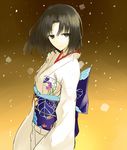 black_eyes black_hair floral_print japanese_clothes kara_no_kyoukai kauto kimono light_smile obi ryougi_shiki sash short_hair sleeves_past_wrists snowing solo 