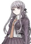  bird black_ribbon braid buttons danganronpa danganronpa_1 from_below gaihan_umeboshi_mitchell hair_ribbon insignia jacket kirigiri_kyouko long_hair long_sleeves looking_at_viewer necktie purple_eyes ribbon shirt sidelocks silver_hair simple_background skirt solo very_long_hair white_background white_shirt zipper 