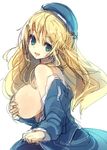  atago_(kantai_collection) blonde_hair blue_eyes breasts covering covering_breasts hat kantai_collection large_breasts long_hair looking_at_viewer military military_uniform open_mouth simple_background smile solo ukyo_rst uniform white_background 