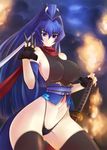  bare_shoulders blue_eyes blue_hair breasts covered_nipples fishnet_legwear fishnets haganef highleg highleg_panties highres huge_breasts katana long_hair mitsurugi_meiya muvluv muvluv_alternative navel panties shuriken smile solo sword thighhighs underwear very_long_hair weapon 